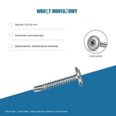 Wkręt montażowy Info-GLOBAL MB 4,2×32 mm, ocynk bez lakieru, 250 szt.